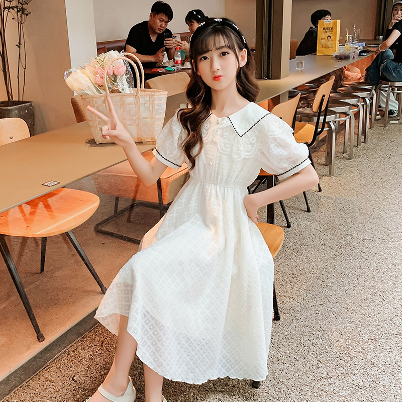 女童连衣裙夏季薄款洋气中大童裙子儿童夏装女孩米白色蕾丝公主裙