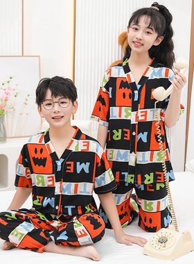 儿童绵绸睡衣夏亲子套装短袖长裤