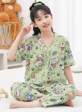 儿童绵绸睡衣夏亲子套装短袖长裤