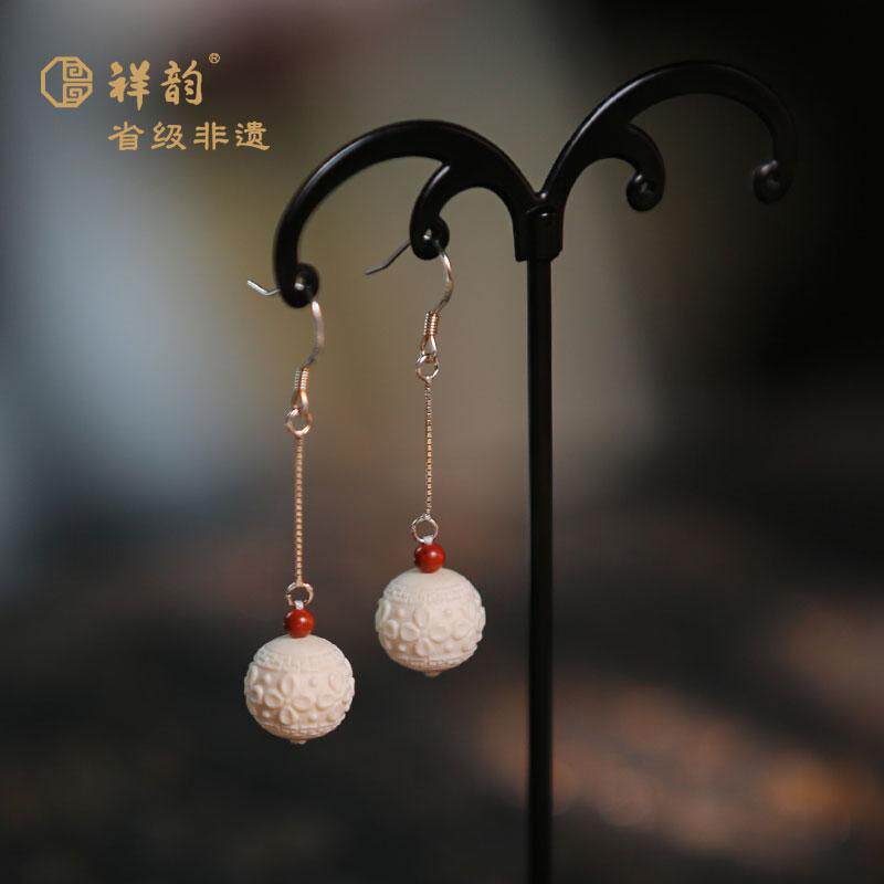 祥韵非遗手工猛犸象牙原创四叶草莲花圆珠女式耳坠国风母亲节礼物