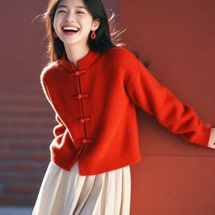 本命蛇年红色针织开衫毛衣女装2025秋季新中式国风盘扣设计感上衣