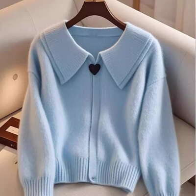 小香风蓝色长袖翻领针织毛衣女
