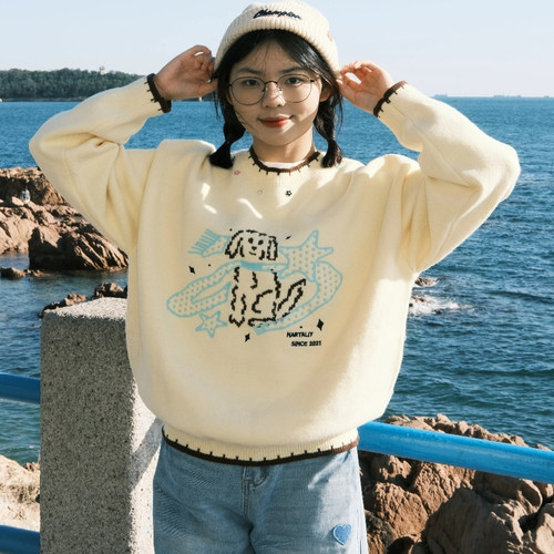 毛衣针织衫女小狗印花韩系设计感宽松长袖打底衫内搭上衣秋冬新款