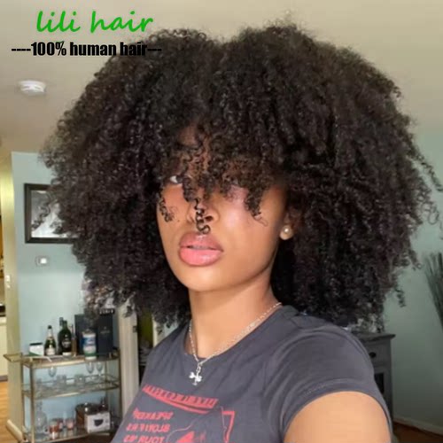 Afro Kinky Curly Human Hair Glueless Wigs With Bangs 4B 4C
