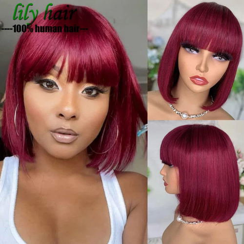 Short Straight Bob 3x1 Lace Wig 99J Red Human Hair With Bang