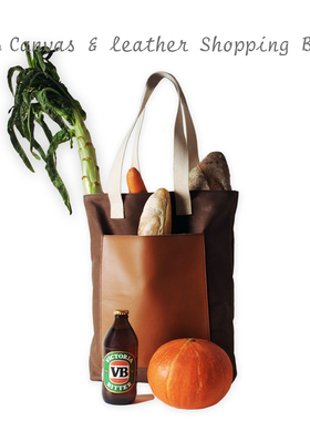 choiyomi 单肩帆布包 配皮 购物袋 女式 文艺复古 大容量 手提袋