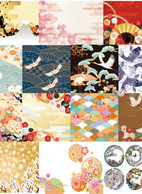 P381日式和风图案花纹 仙鹤樱花海浪扇子包装背景AI矢量设计素材