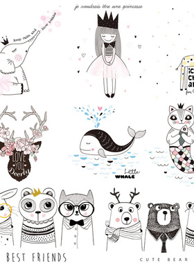 P172简约手绘线稿卡通动物插画海报画芯印花图案EPS矢量设计素材