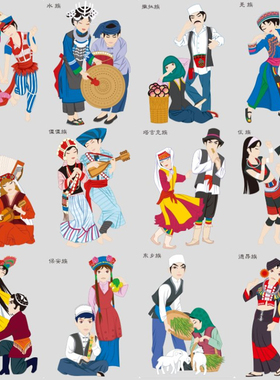 P212矢量AI少数民族人物素材 卡通民俗传统人物舞蹈服饰服装图案