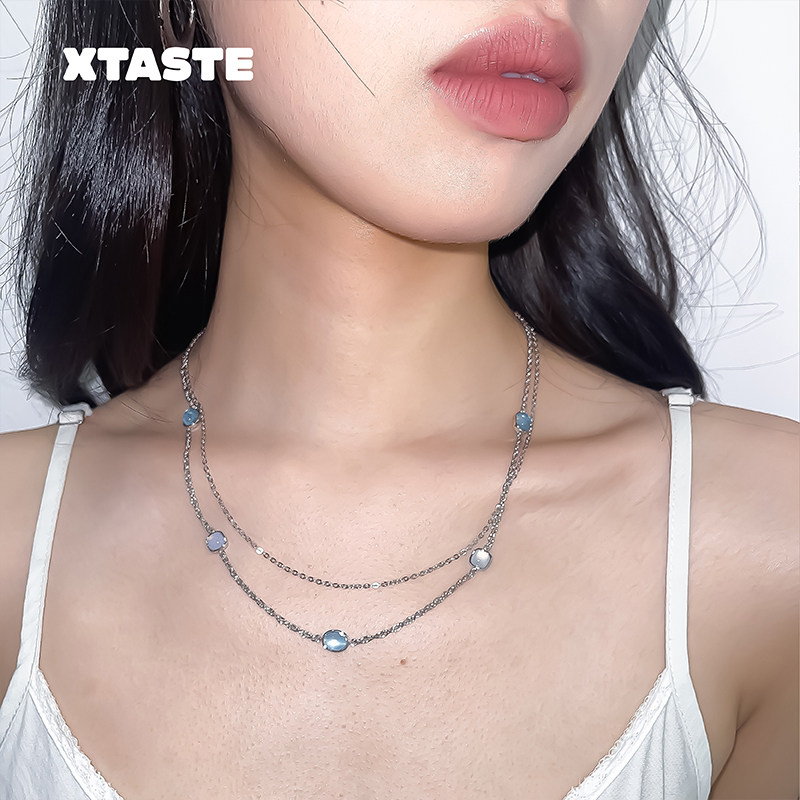 XTASTE TINOM 潜流系列冰点项链925纯银海蓝宝石双层项链叠戴款