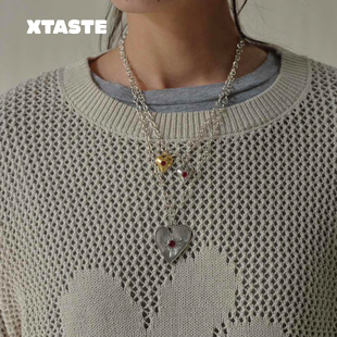 款 光芒爱心红石镶嵌项链圆满双心设计锁骨链时尚 Picnique XTASTE