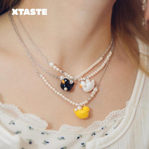 XTASTE FWISH飞未夕 珍珠小鸭珐琅项链可爱女生创意设计礼物甜美
