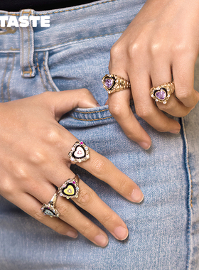 XTASTE USELESSOBJECTS麻花边爱心宝石戒指原创时尚款明星同款