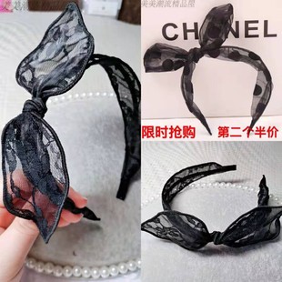 韩国夏季可爱百搭发饰蝴蝶结 黑色大波点娟纱兔耳朵发箍头饰