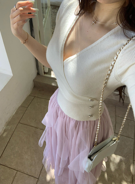 ke7en 大v领斜扣水钻扣al*aia半身芭蕾风五分袖针织衫纯欲风上衣