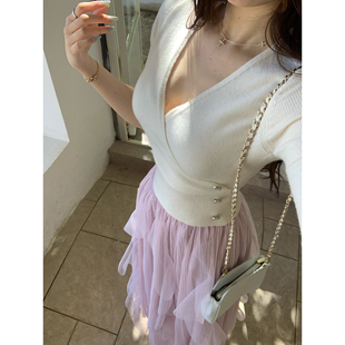 针织衫 aia半身芭蕾风五分袖 纯欲风上衣 大v领斜扣水钻扣al ke7en