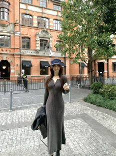 修身 坑条内搭针织裙掐腰长款 连衣裙 沙漏即时感长袖 ke7en好好穿