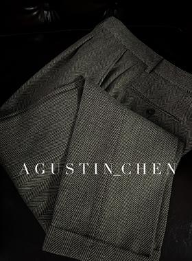 Agustin_Chen 秋冬加厚粗纺人字纹【50%羊毛】 西裤修身那不勒斯