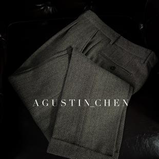 Agustin_Chen 秋冬加厚粗纺人字纹【50%羊毛】 西裤修身那不勒斯