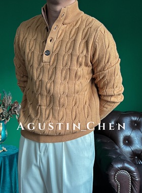 Agustin_Chen 秋冬意式老钱针织厚款半高领扭花男士复古套头毛衣