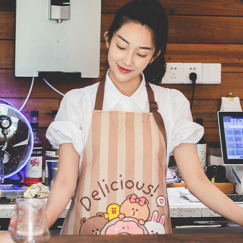 布朗熊棉麻布卡通印花防油污围裙