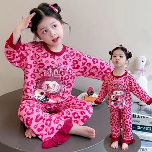 儿童家居服 套装 豹纹拉布布女童睡衣春秋薄款 莫代尔女孩空调服长袖