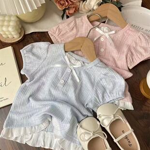 上衣儿童女 坑条t恤百搭宝宝半袖 2025夏季 女童蝴蝶结撞色花边短袖