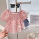 新款 2024夏季 女童韩版 上衣 女宝宝甜美短袖 方领洋气小红花裙式 法式