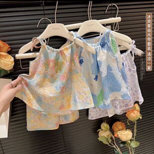 套装 夏季 新款 晕染油画风女童夏季 网红女宝宝两件套潮 洋气吊带裙裤