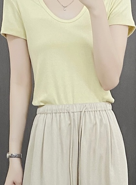 PAN天丝棉2*2螺纹大弹力显瘦修身U领短袖T恤清爽无压夏季2402