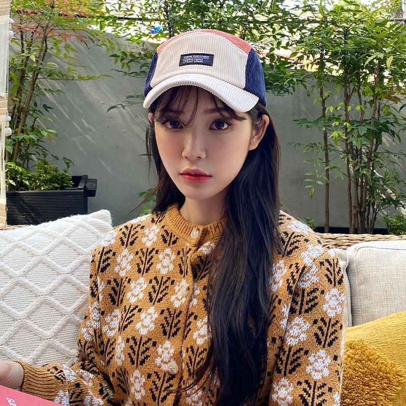 秋冬洋气保暖拼接撞色条绒帽子