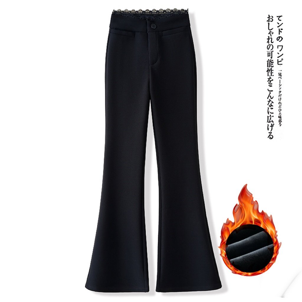 信用极好实拍黑色裤子蕾丝拼接西装微喇裤女加绒高腰鱼尾裤马蹄裤