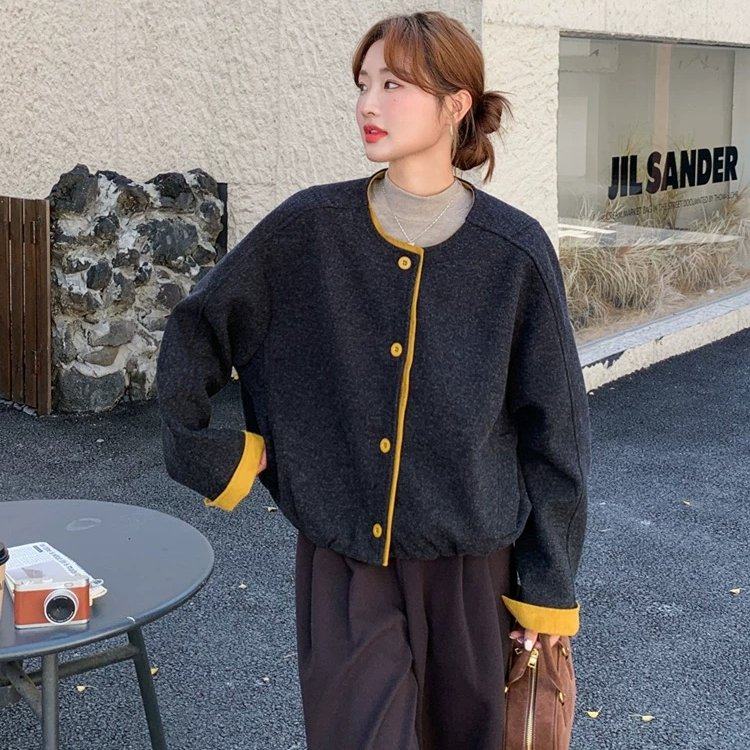 灰色复古设计感短款毛呢外套女2025冬韩系小个子简约休闲圆领上衣,女装/女士精品,毛呢外套,淘宝优惠券,粉丝福利购,淘宝优惠卷