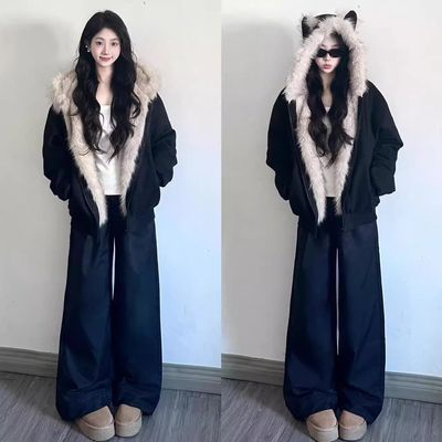 2025新款美拉德复古棕色韩系外套女秋冬加厚短款拼接毛毛上衣棉服