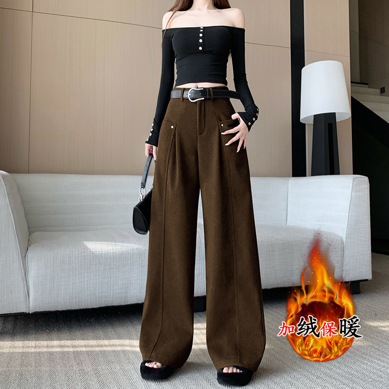 美式咖棕色毛呢西装裤女宽松直筒秋冬设计感高腰裤垂感加绒阔腿裤,女装/女士精品,休闲裤,淘宝优惠券,粉丝福利购,淘宝优惠卷