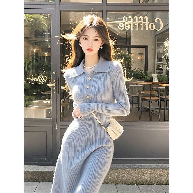 法式小香风收腰蓝色毛衣连衣裙2025冬季新款气质内搭打底针织长裙,女装/女士精品,连衣裙,淘宝优惠券,粉丝福利购,淘宝优惠卷