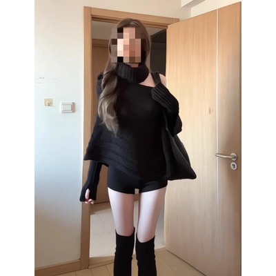 大码胖MM黑色宽松百搭针织御姐斗篷不规则毛衣女秋冬新款露肩上衣