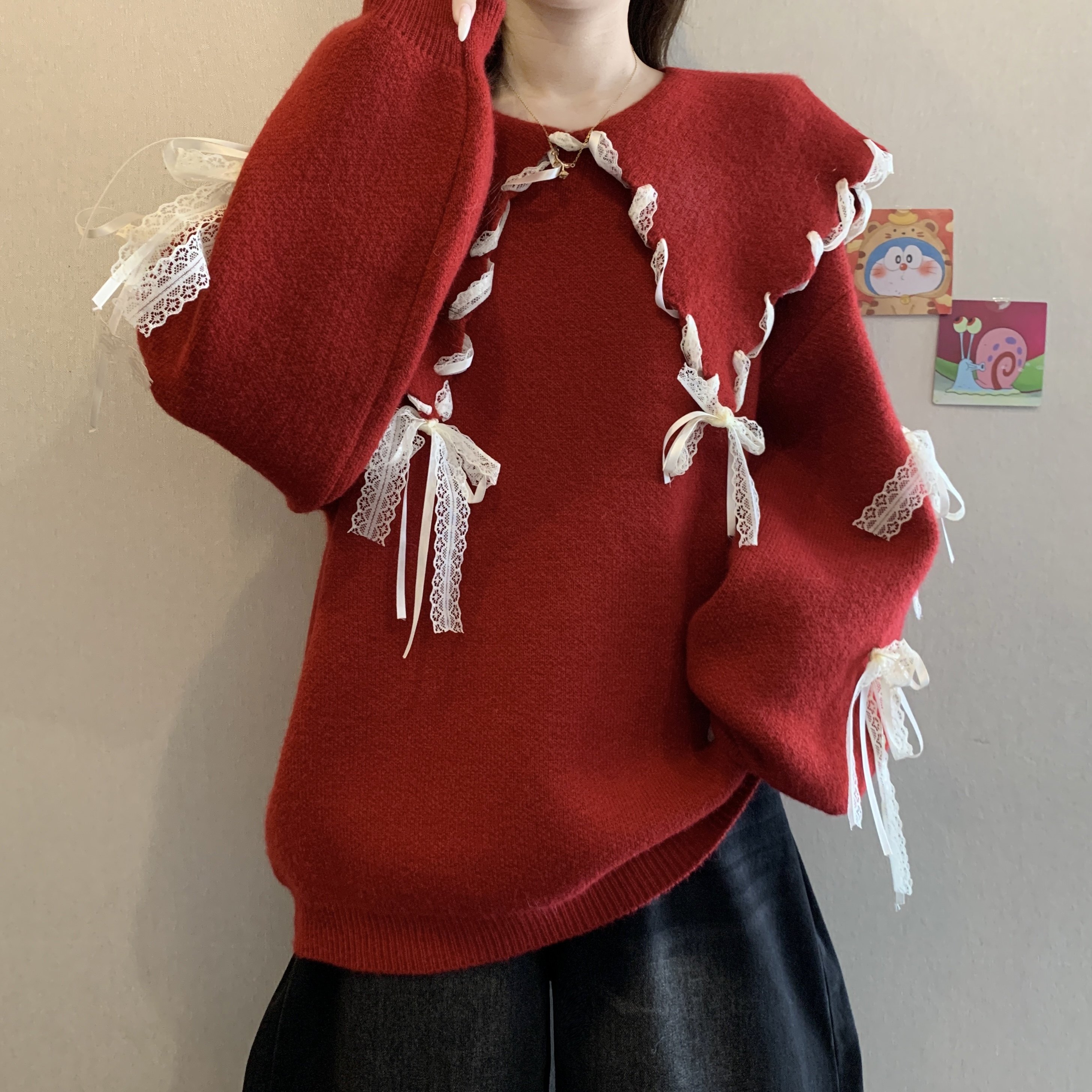 实拍大码女装红色设计感翻领蕾丝系带宽松毛衣胖妹妹遮肚针织上衣,女装/女士精品,大码内搭,淘宝优惠券,粉丝福利购,淘宝优惠卷