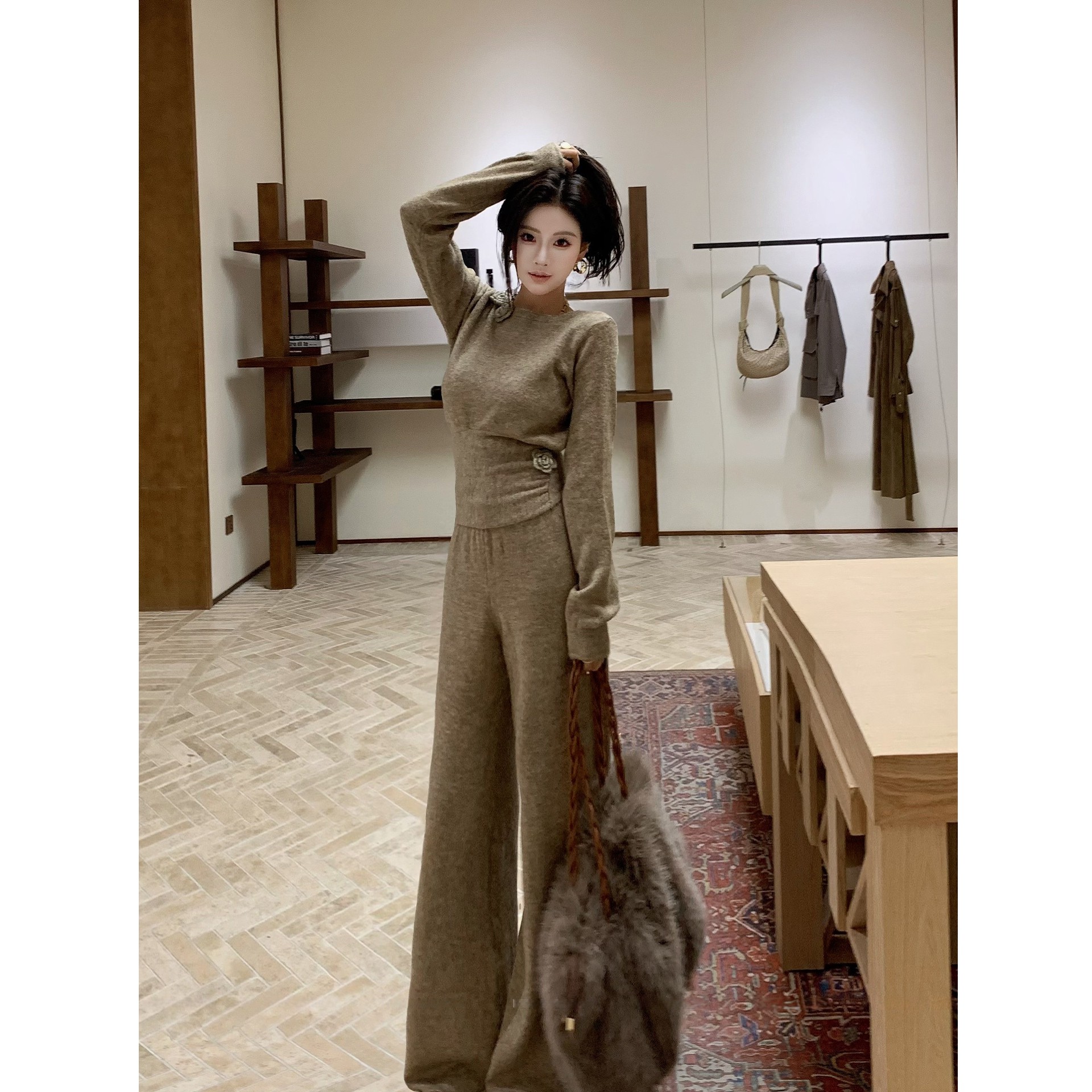 软糯舒适套装秋冬新款上衣长裤两件套收腰慵懒风日常百搭通勤套装