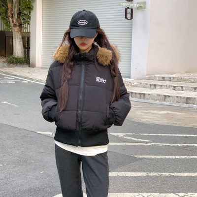 实拍SRIKERLAB冬季短款皮草连帽羽绒服收腰显瘦高级感大毛领棉女