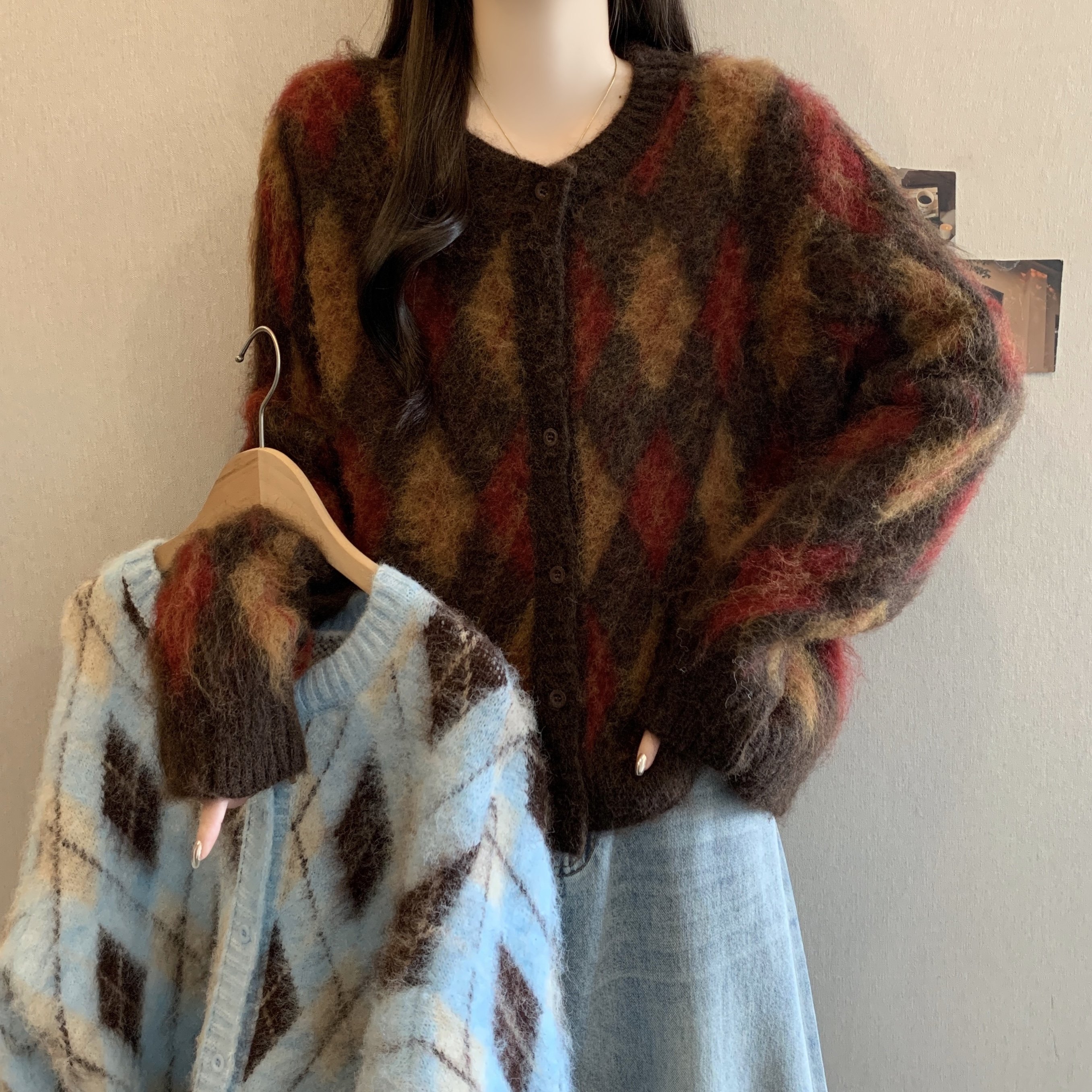 韩版复古百搭撞色菱格毛衣外套女秋冬高级感显瘦百搭针织衫上衣潮,女装/女士精品,大码内搭,淘宝优惠券,粉丝福利购,淘宝优惠卷