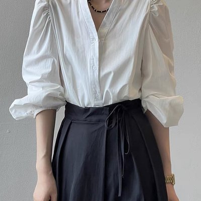 白色衬衫女春秋褶皱立领泡泡袖娃娃衫设计感小众上衣法式气质衬衣