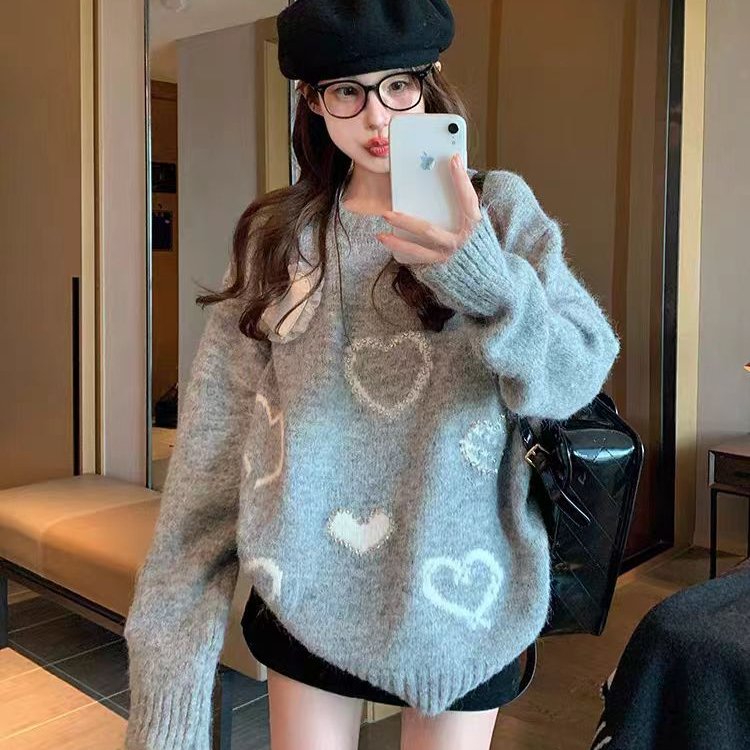 白色爱心圆领毛衣女2025新款秋冬加厚奶fufu毛绒绒套头打底针织衫