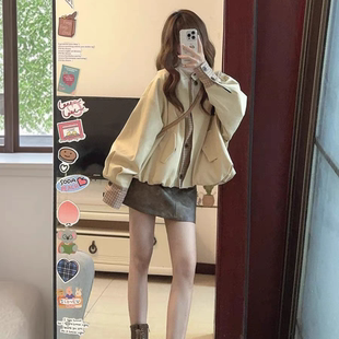 LUU桃喜儿/两穿短款格子风衣外套女秋冬宽松设计感小众韩版上衣