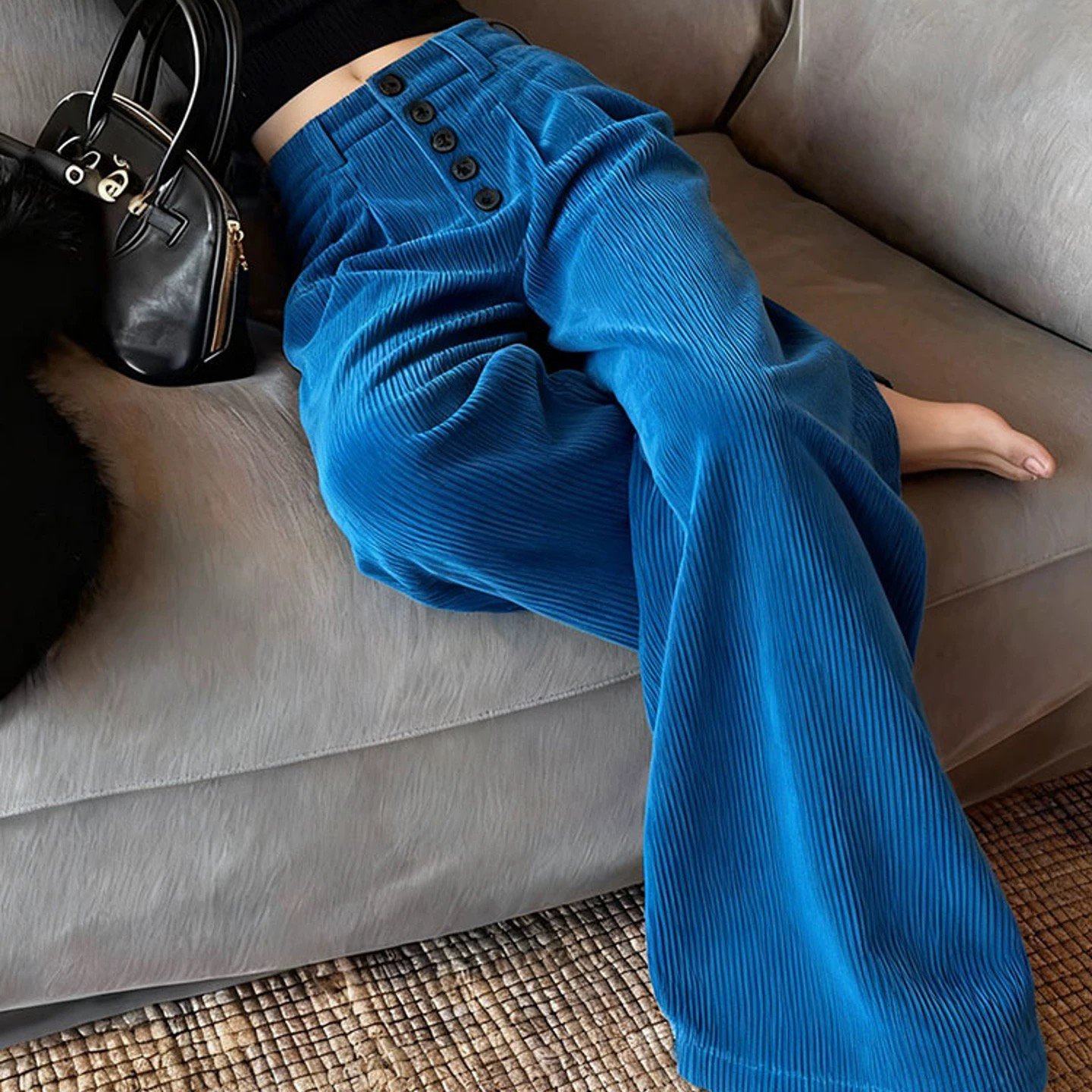 蓝色灯芯绒阔腿裤女冬季加厚直筒休闲巨好看的梨形报恩雪尼尔裤子,女装/女士精品,休闲裤,淘宝优惠券,粉丝福利购,淘宝优惠卷