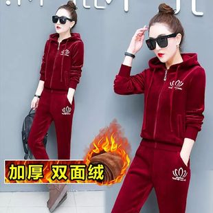 爆款金丝绒运动套装女加绒加厚时尚洋气秋冬休闲服连帽卫衣两件套