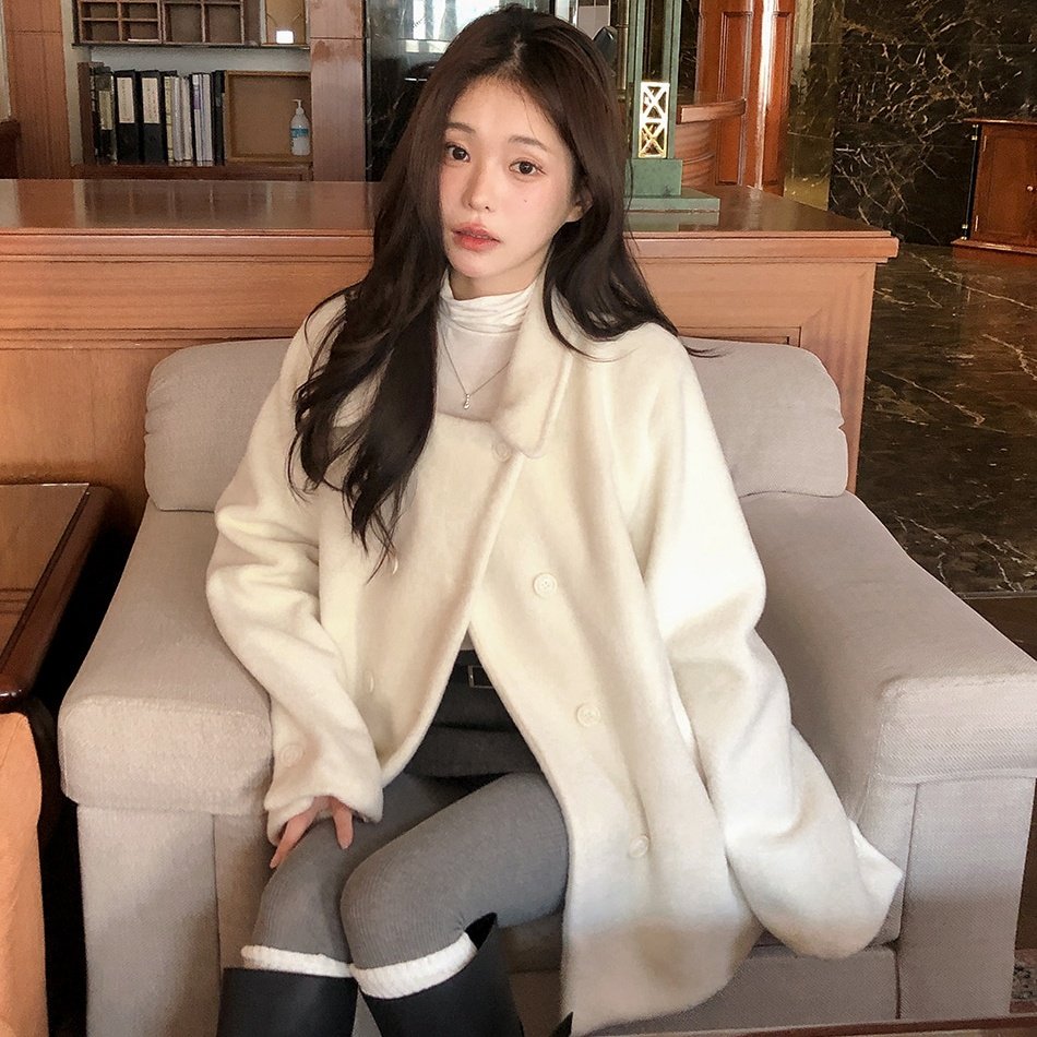 有货 韩国chic法式气质高级感翻领双排扣白色毛呢外套小个子大衣,女装/女士精品,毛呢外套,淘宝优惠券,粉丝福利购,淘宝优惠卷