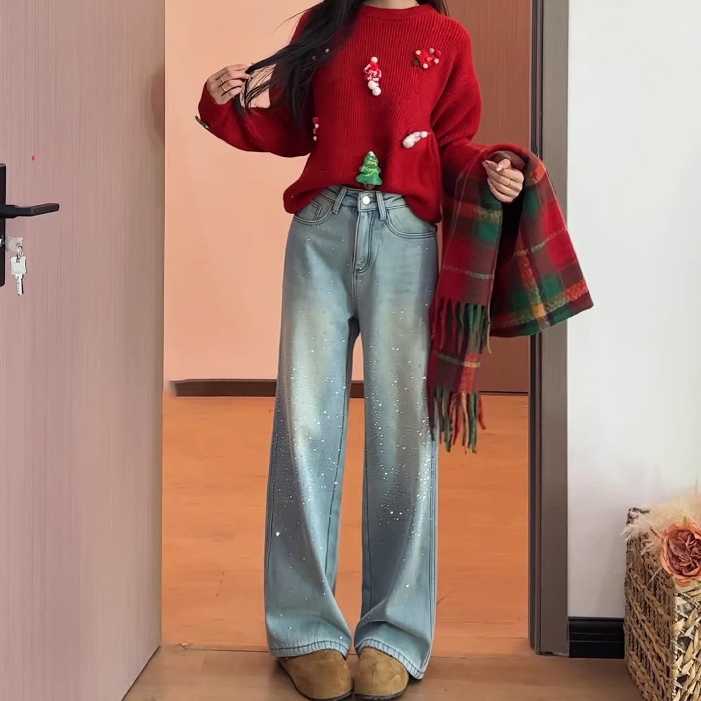 蓝色烫钻加绒直筒牛仔裤女2025秋冬新款高级感高腰显瘦拖地阔腿裤,女装/女士精品,牛仔裤,淘宝优惠券,粉丝福利购,淘宝优惠卷