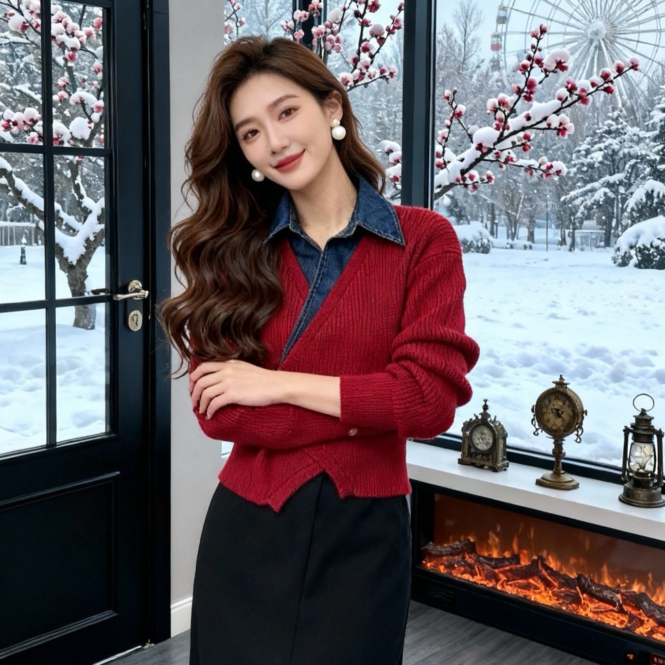 毛衣女2025秋冬新款时尚洋气红色拼接牛仔polo领假两件针织衫上衣