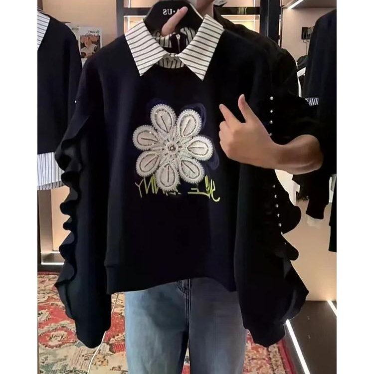 2025秋季新款高级感重工刺绣亮片翻领卫衣女时尚减龄假两件上衣潮